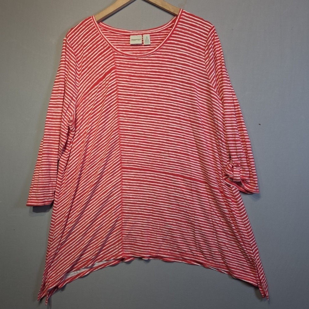 Chico's Zenergy Size 3 Red White Striped Tunic Top‎ Sharkbite Hem 3/4 Sleeve
